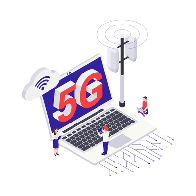 Isometric 5g internet icon with laptop transmitter tower and human characters 3d vector illustration