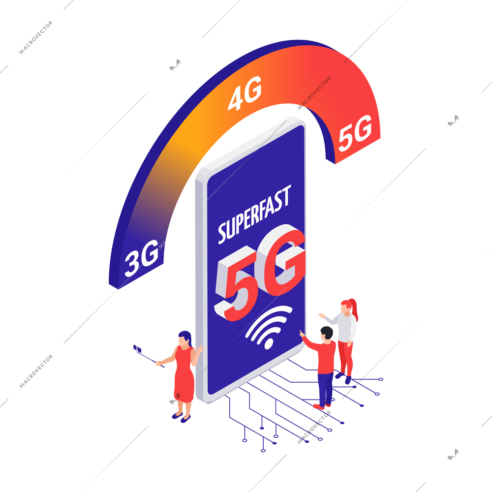 Superfast 5g internet concept with smartphone and people 3d isometric vector illustration