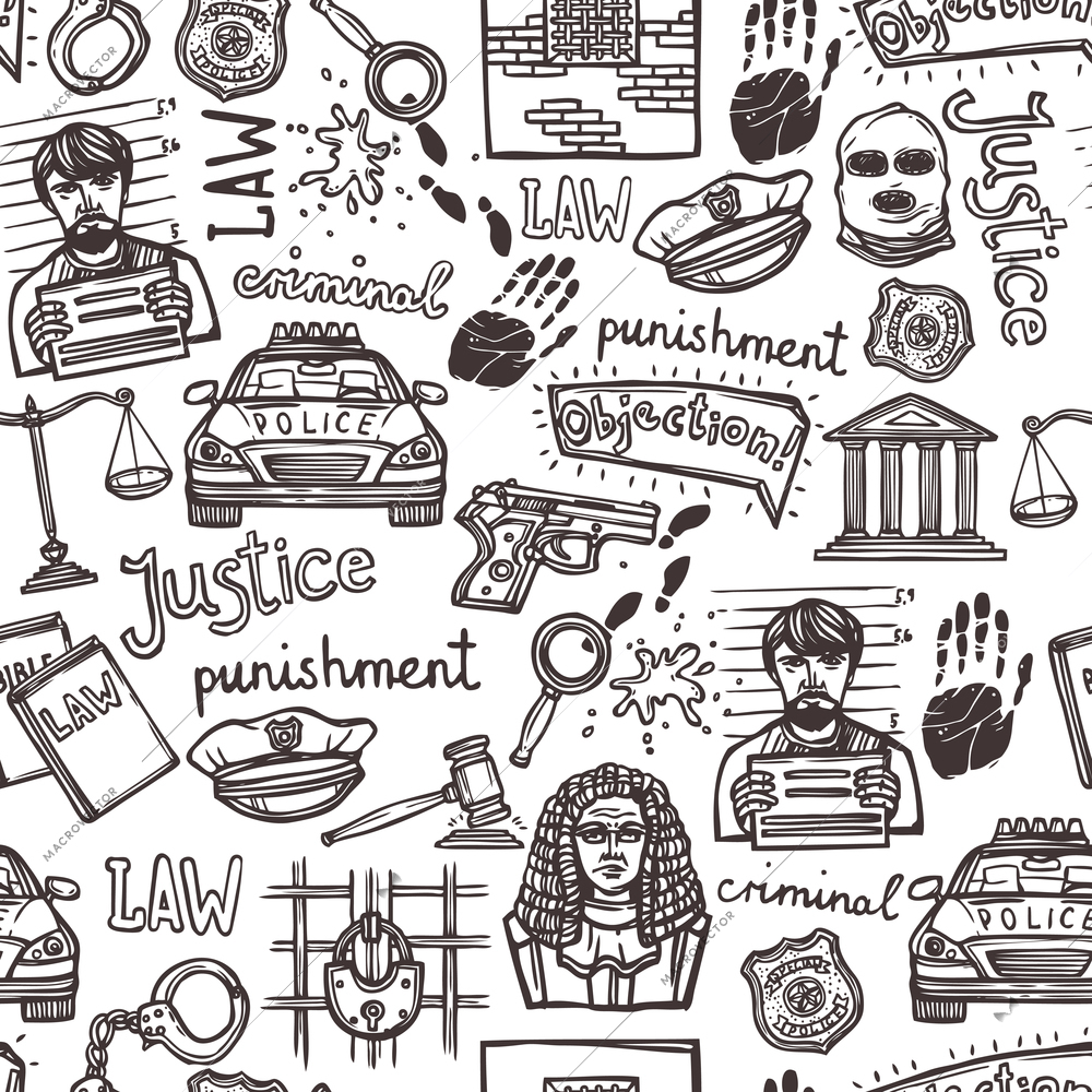 Law justice police and criminal icons sketch seamless pattern vector illustration