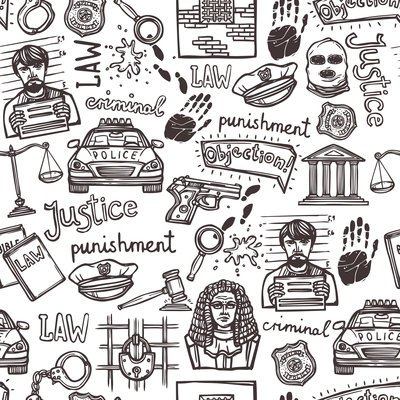 Law justice police and criminal icons sketch seamless pattern vector illustration