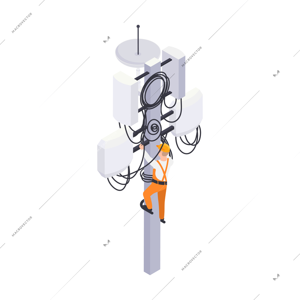 Isometric icon with man working on telecommunication tower 3d vector illustration