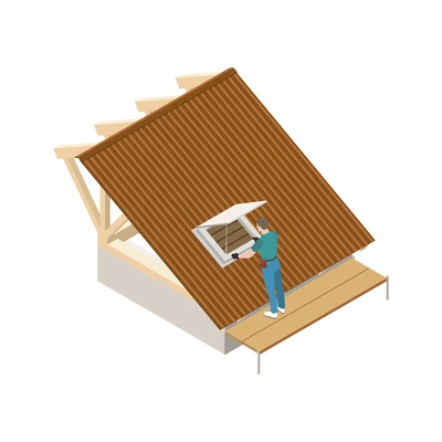 Isometric icon with character fixing window on house roof vector illustration