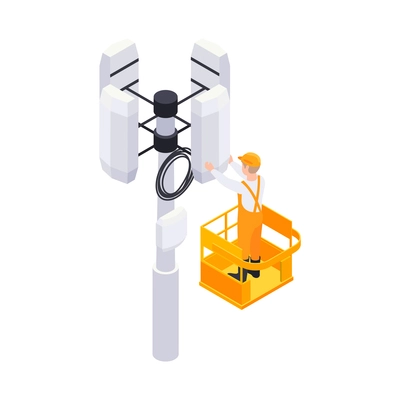 Isometric worker fixing telecommunication tower on white background 3d vector illustration