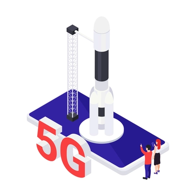 Fast 5g internet isometric concept with smartphone and rocket 3d vector illustration