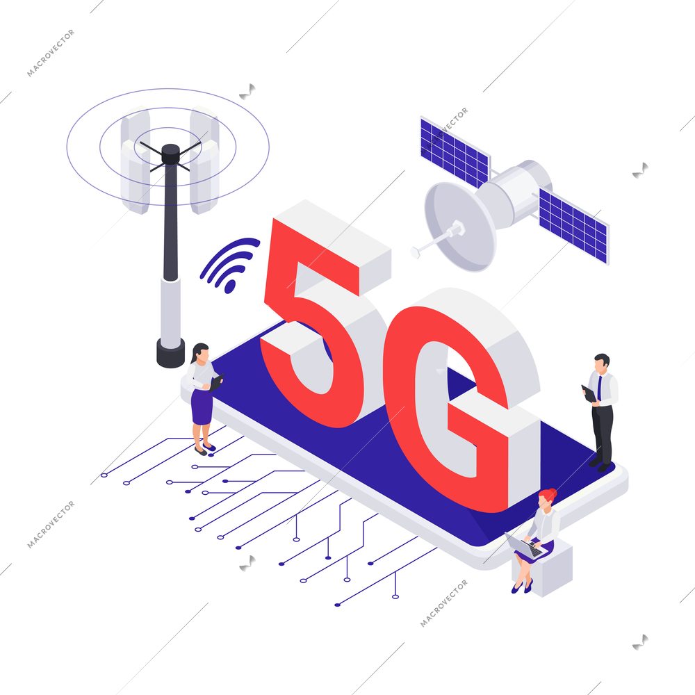 Isometric icon with 5g internet satellite antenna smartphone 3d vector illustration