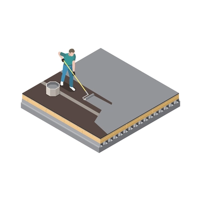 Isometric roofing icon with man doing waterproof roof coating vector illustration