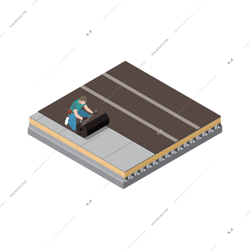 Isometric icon with male worker and roof construction process vector illustration