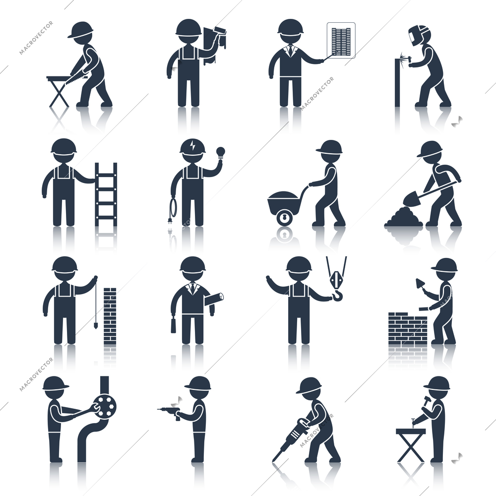 Construction worker people silhouettes icons black set isolated vector illustration