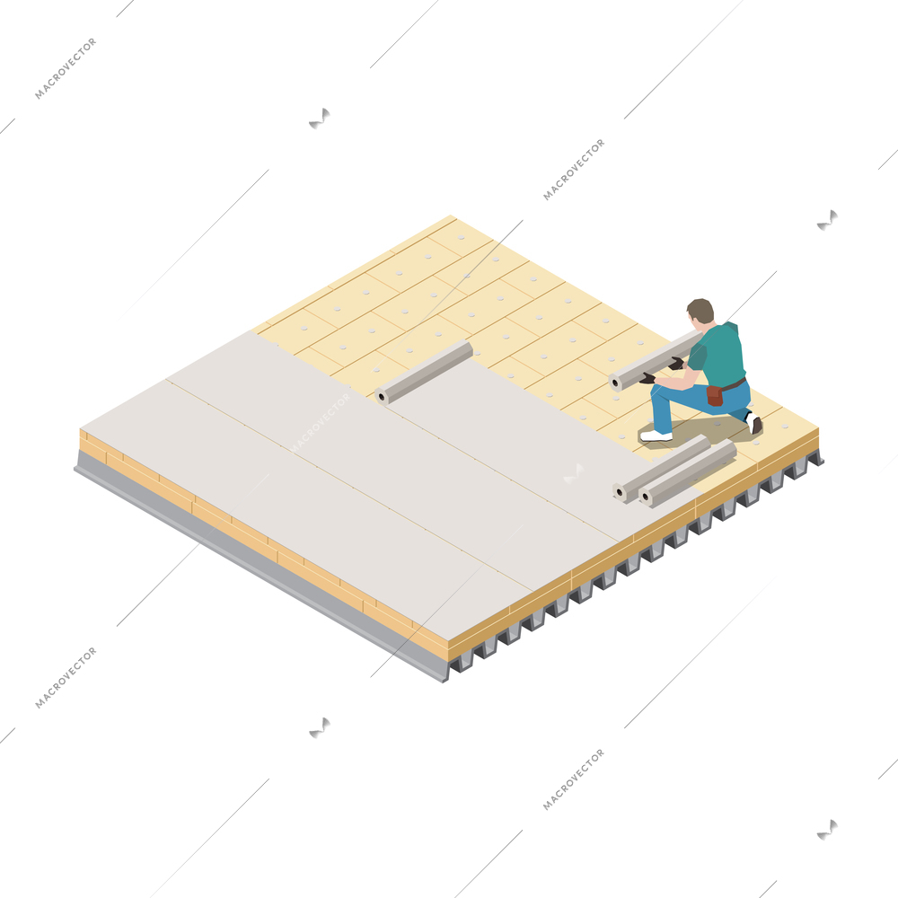 Isometric icon with roofer at work on white background 3d vector illustration