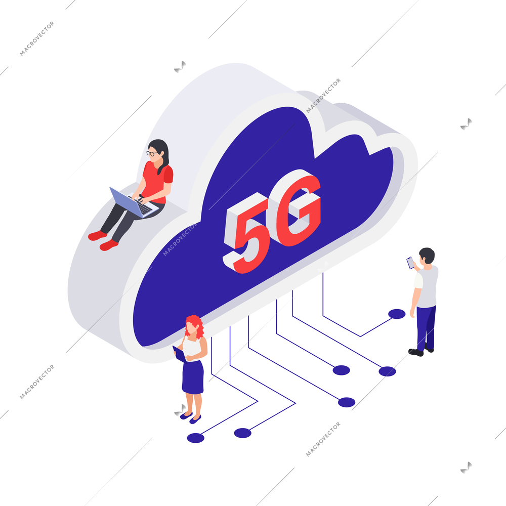 Isometric 5g internet cloud computing isometric concept with tiny people using devices 3d vector illustration