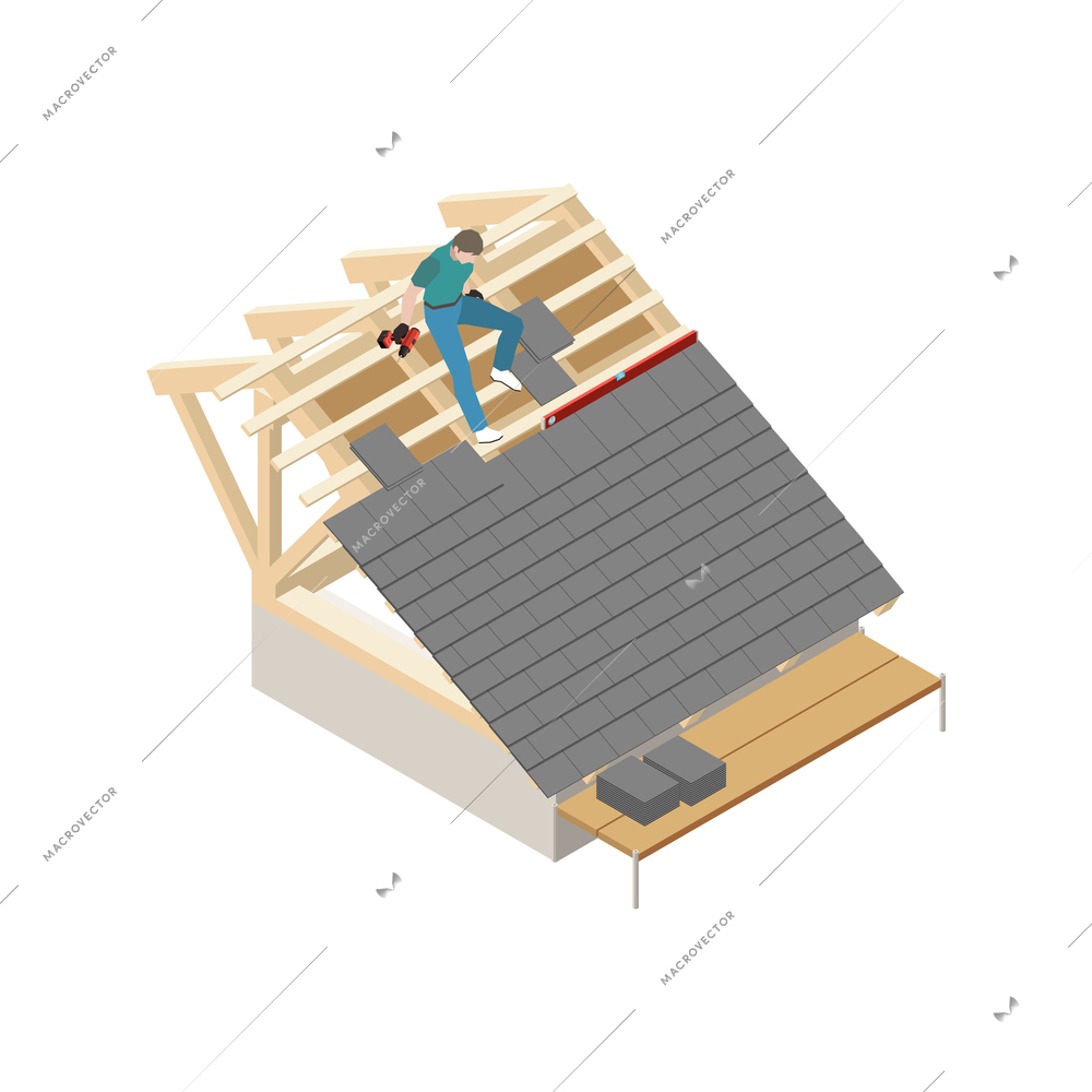Roofing isometric icon with man working with construction level and drill on top of building vector illustration