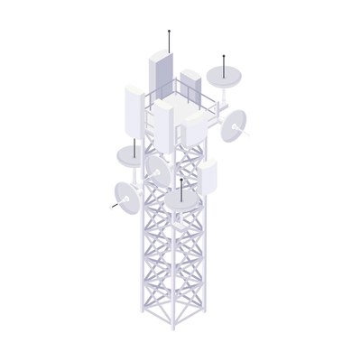 White telecommunication tower with 5g internet network isometric vector illustration