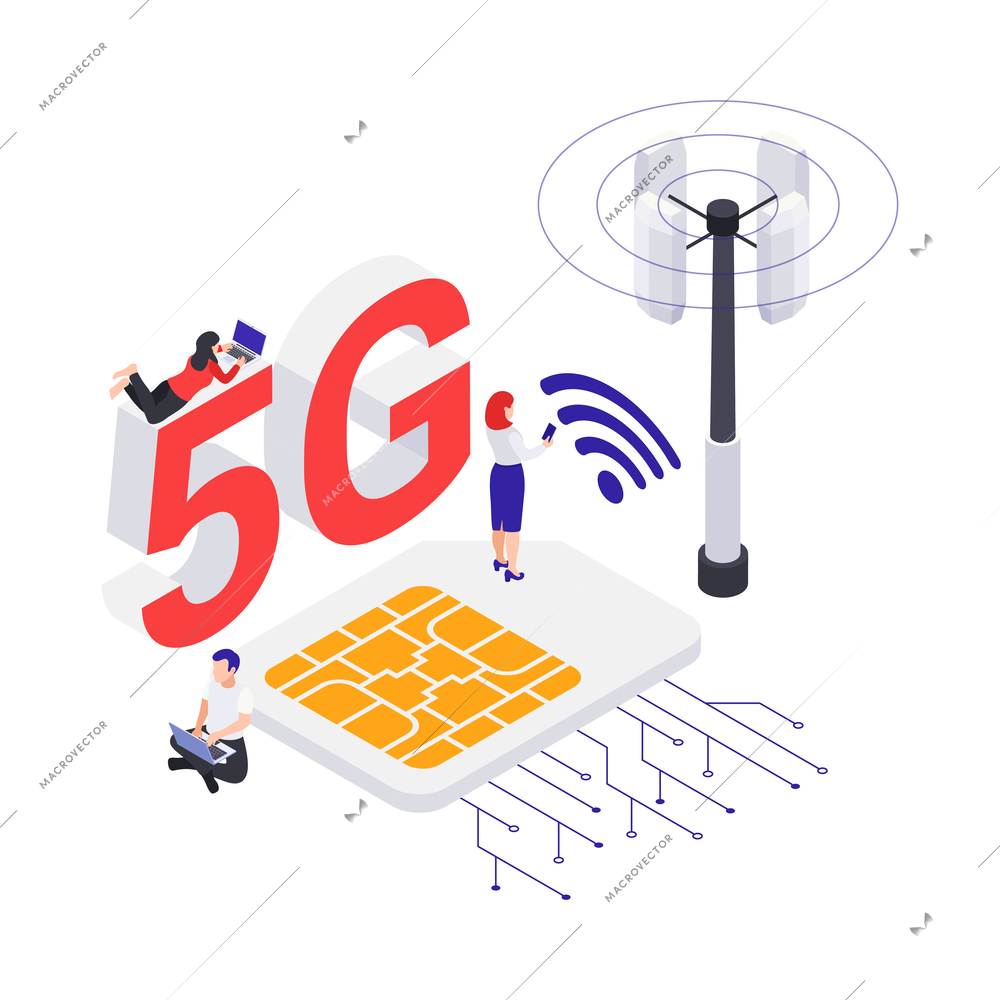 5g internet concept with sim card wifi signal antenna and human characters isometric 3d vector illustration