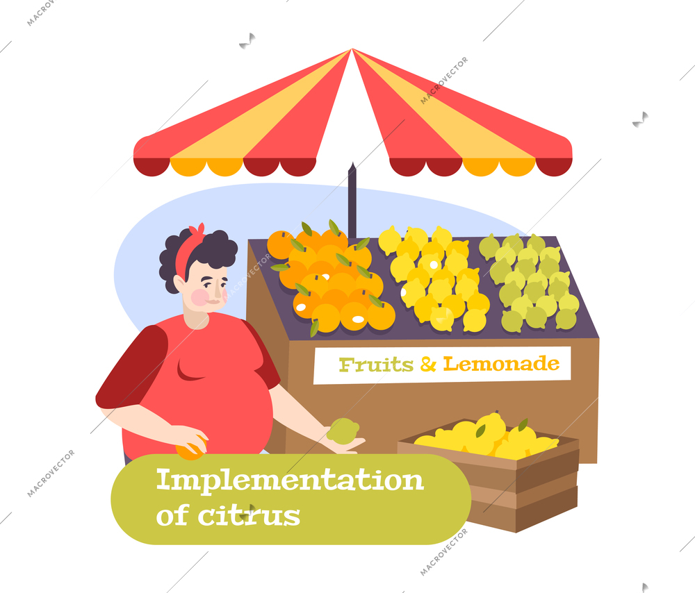 Market stall with cirtrus fruit lemonade and chubby seller flat composition vector illustration