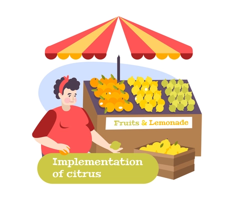 Market stall with cirtrus fruit lemonade and chubby seller flat composition vector illustration