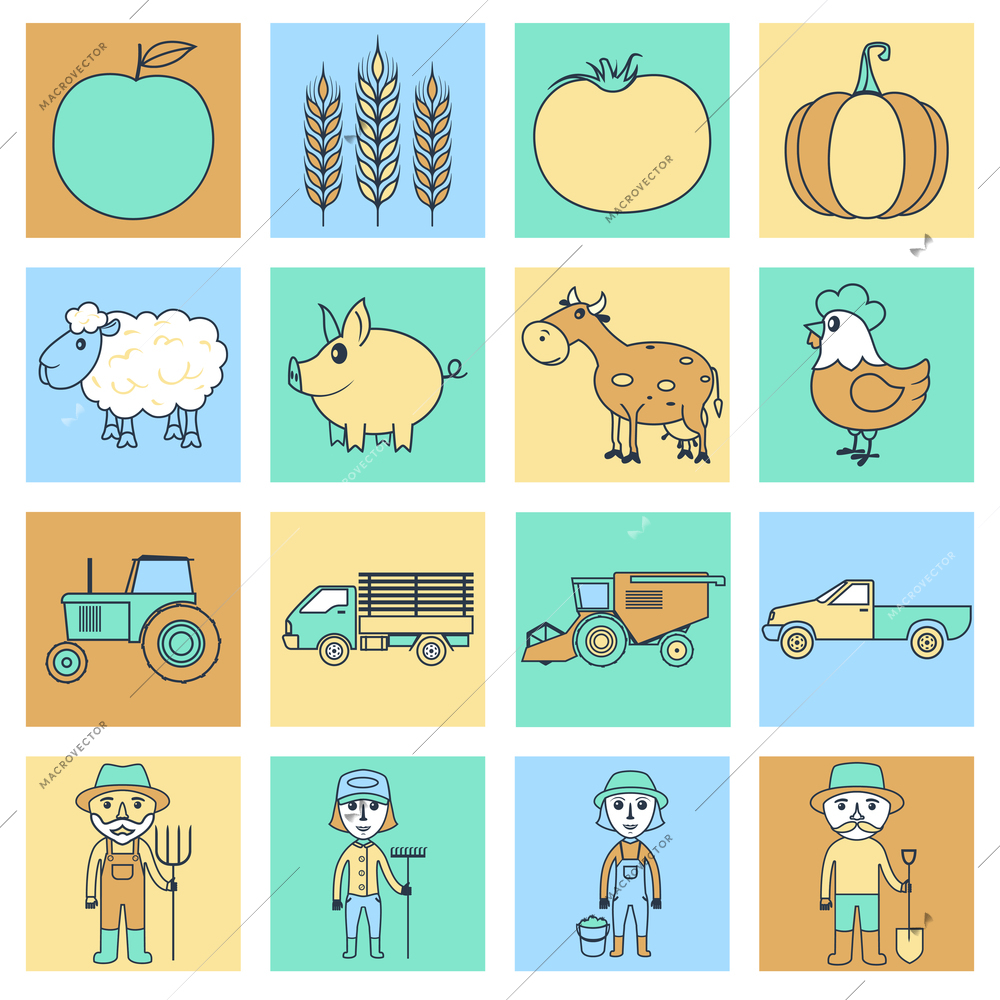 Farm agriculture farmer flat line business icons set isolated vector illustration