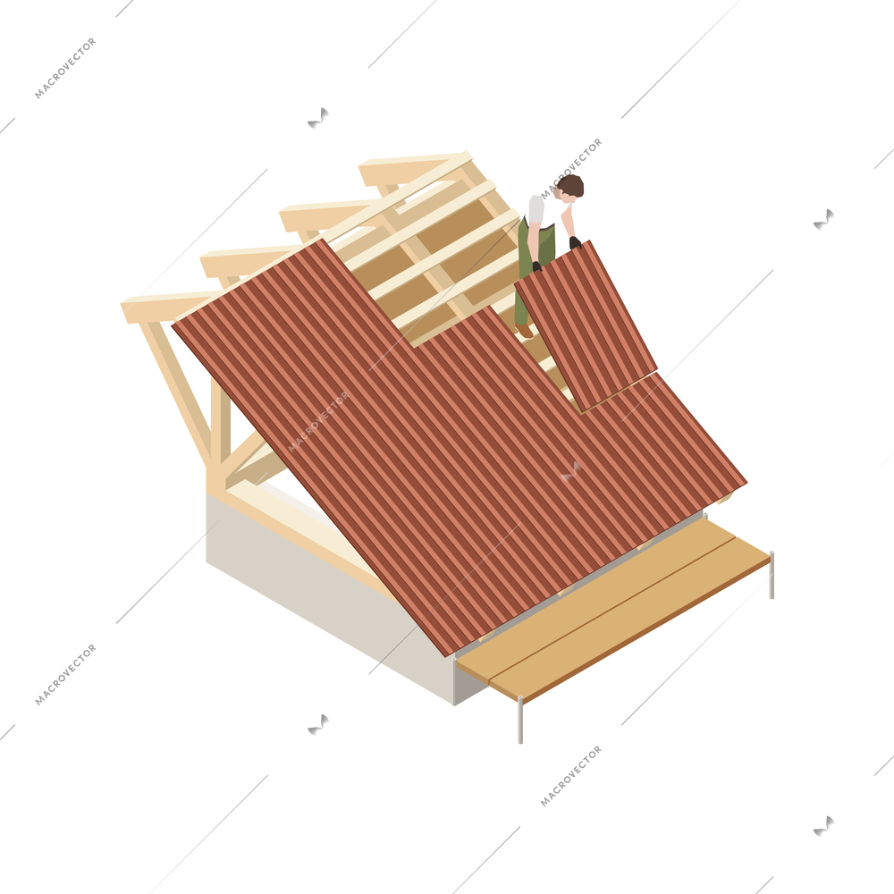 Roofer isometric icon with man installing roofing sheets vector illustration