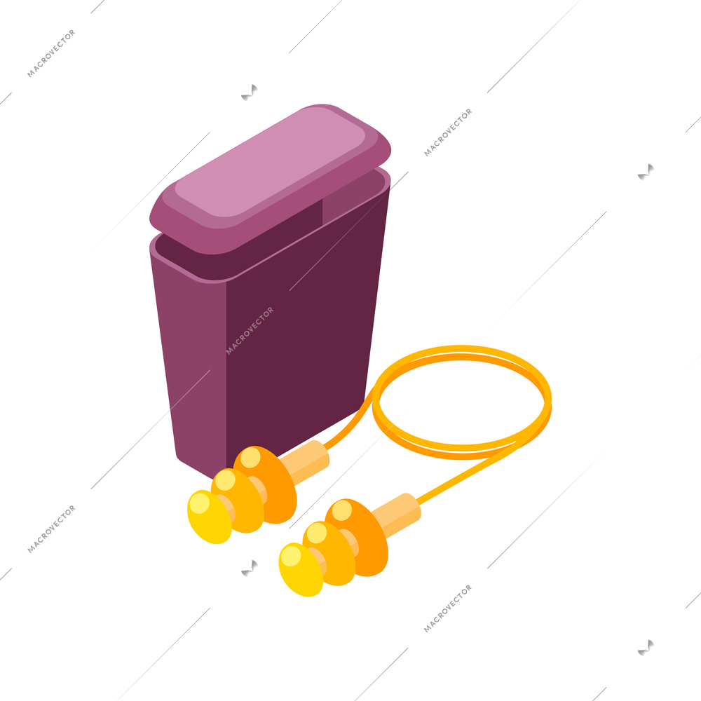 Silicone ear plugs with cord and box isometric icon on white background 3d vector illustration