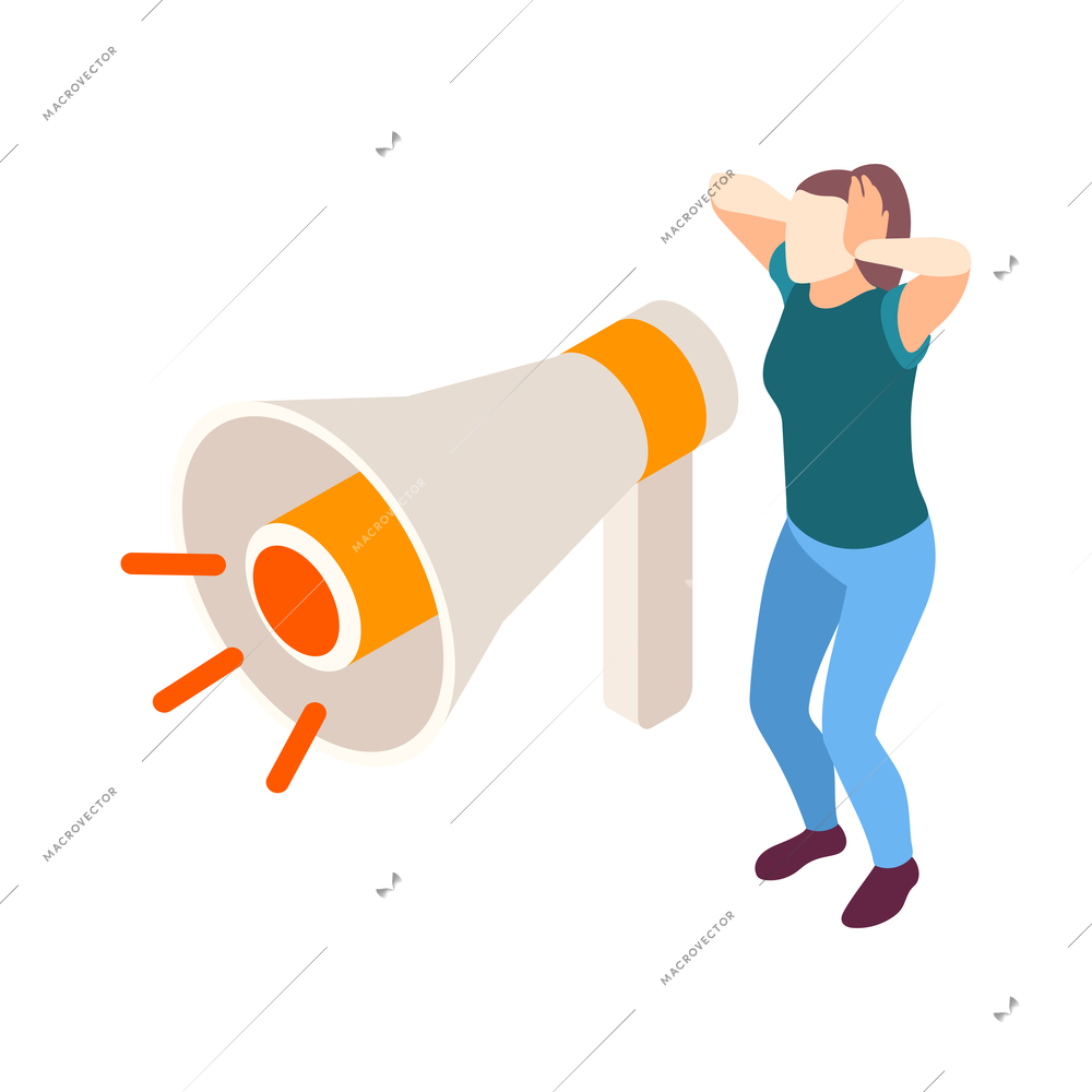 Isometric noise pollution concept with woman covering ears and loudspeaker 3d vector illustration