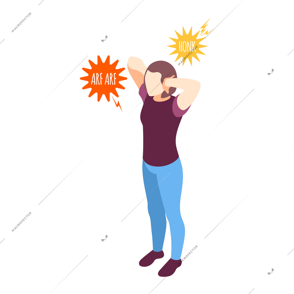 Isometric icon with woman covering ears from loud noise vector illustration