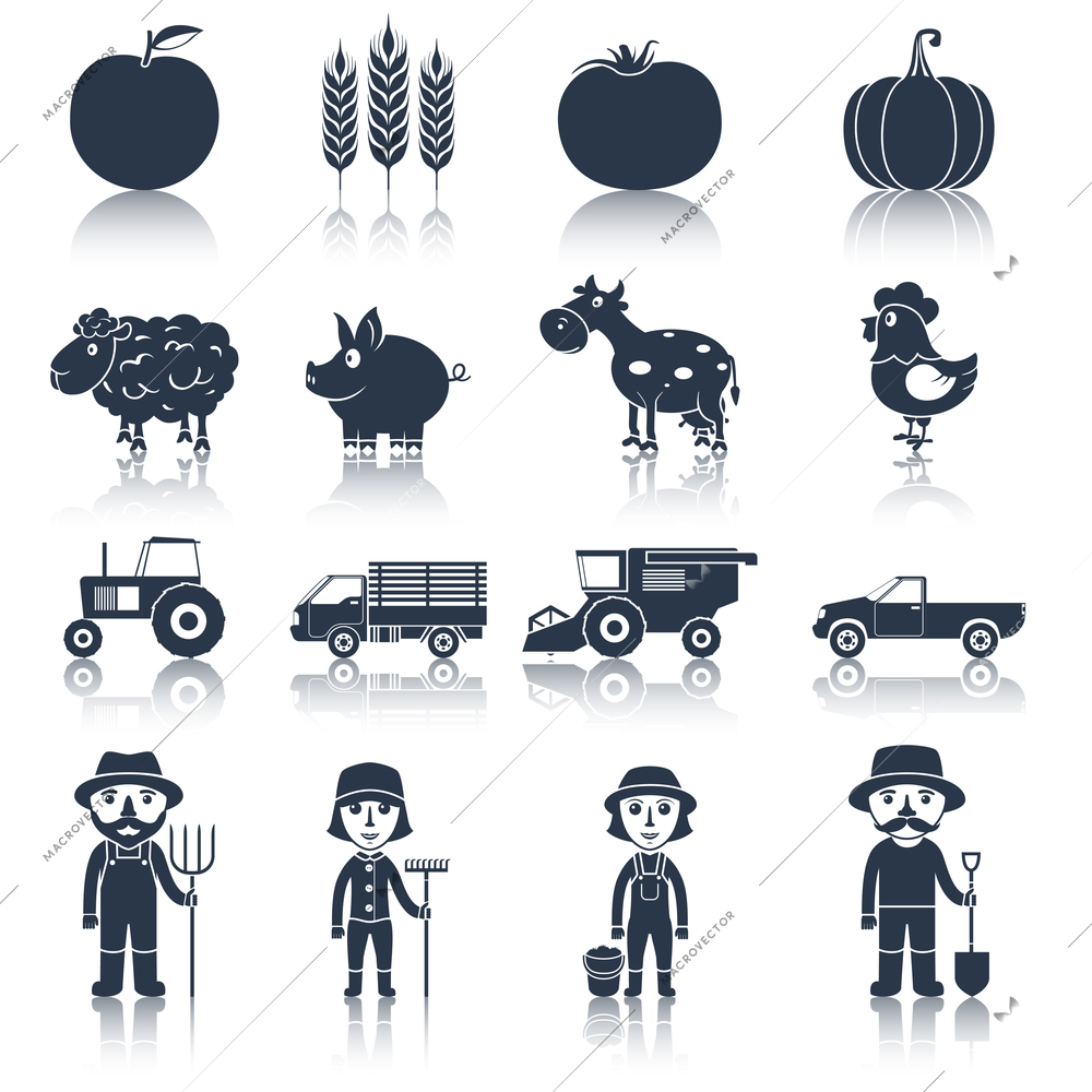 Farm agriculture crop and poultry black icons set isolated vector illustration.