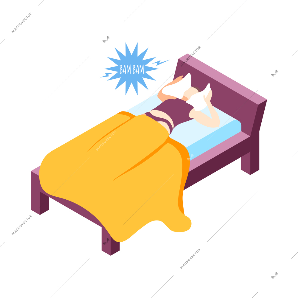 Character covering ears with pillows trying to avoid noise from neighbors isometric vector illustration