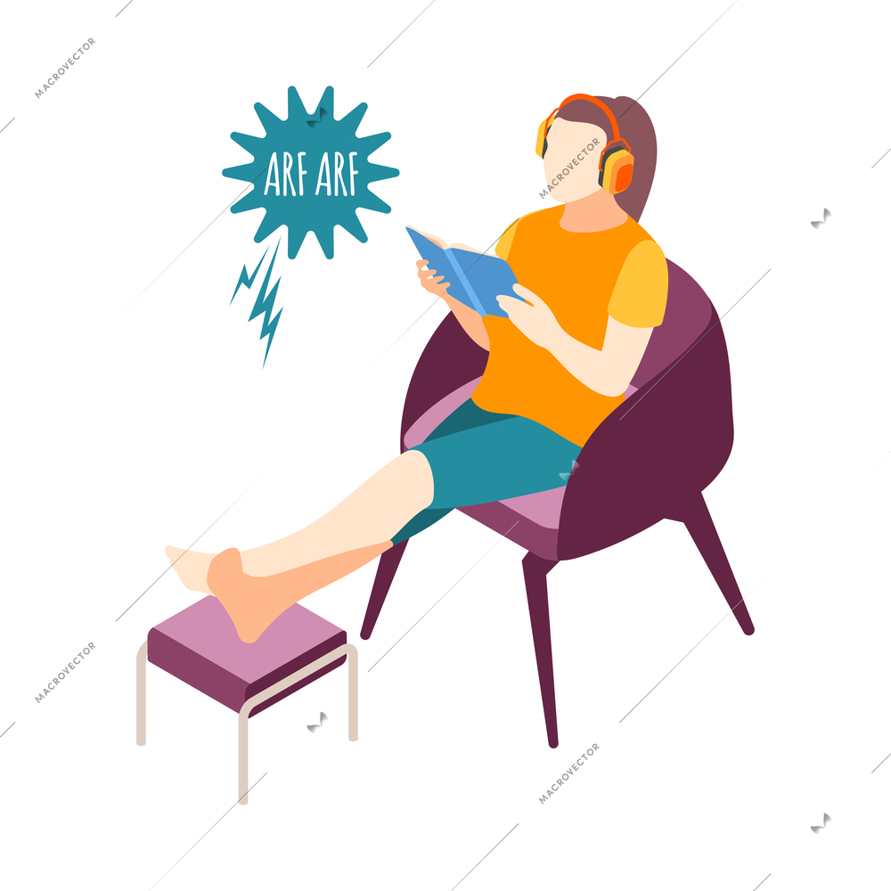 Isometric icon with character listening loud music in headphones while reading in armchair 3d vector illustration