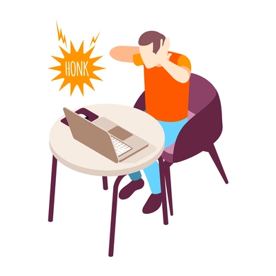 Isometric icon with man working on computer suffering from loud noise 3d vector illustration
