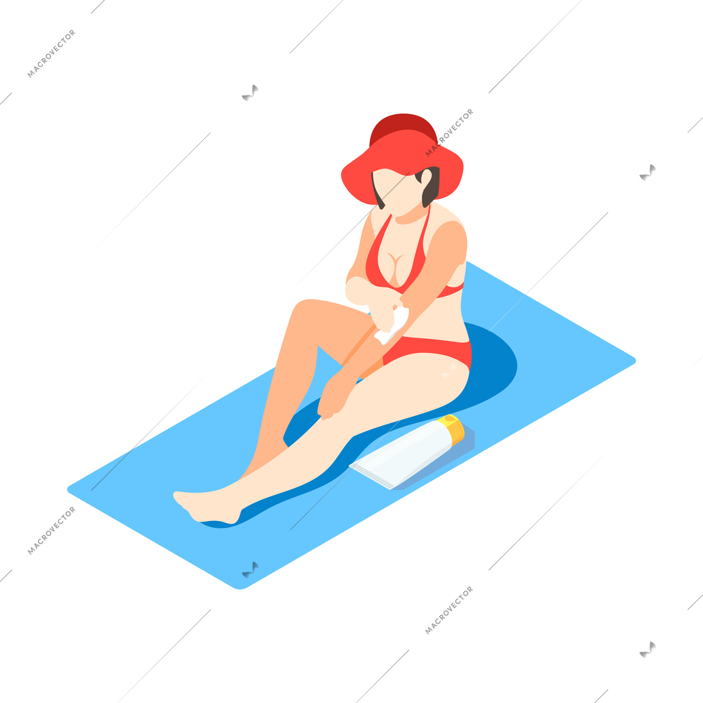 Woman on beach applying sunscreen isometric vector illustration