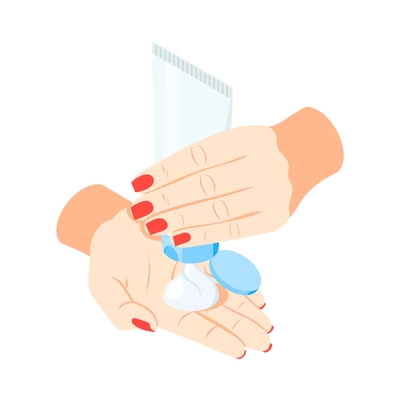 Isometric icon with female hands applying cream 3d vector illustration