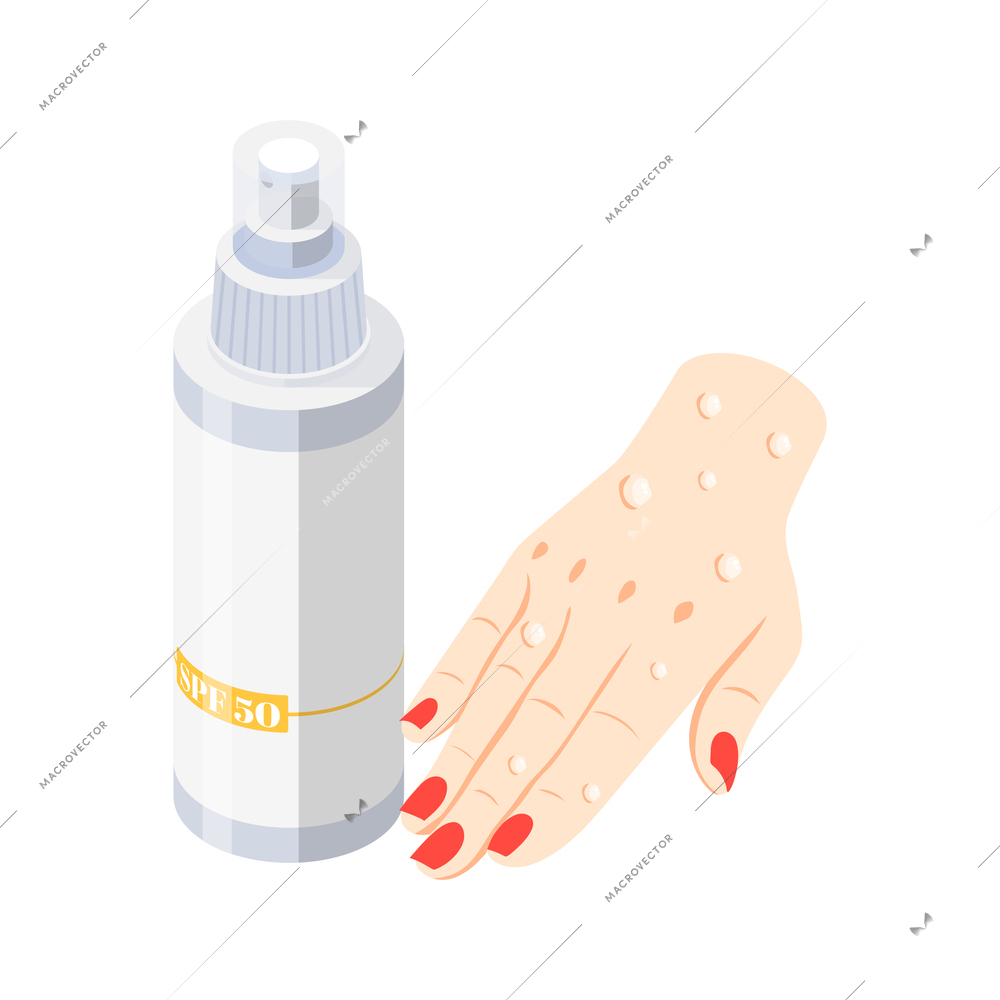 Isometric icon with female hand and tube of spf 50 suncream vector illustration