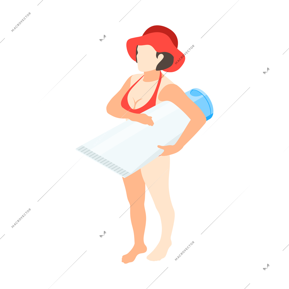 Isometric woman holding big tube of sunscreen on white background vector illustration