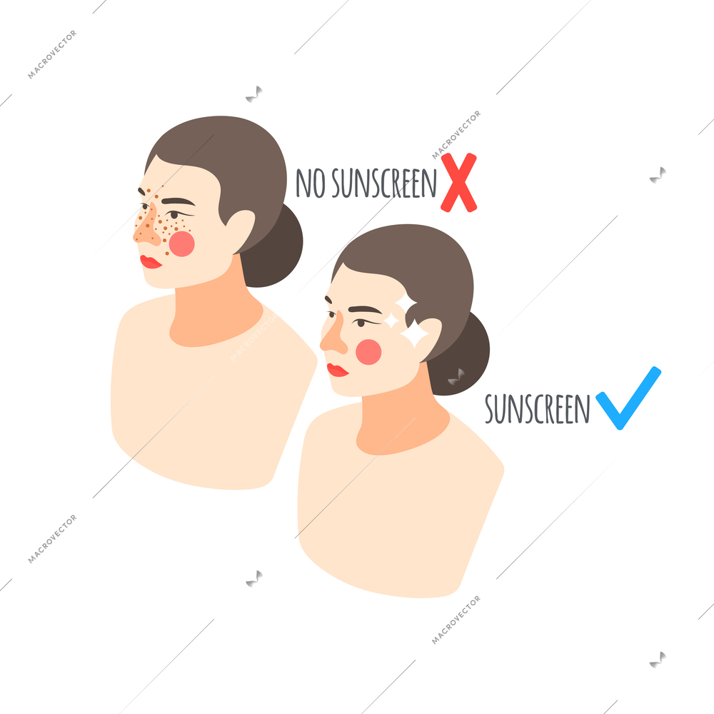 Sun protection concept female face with and without sunscreen isometric vector illustration