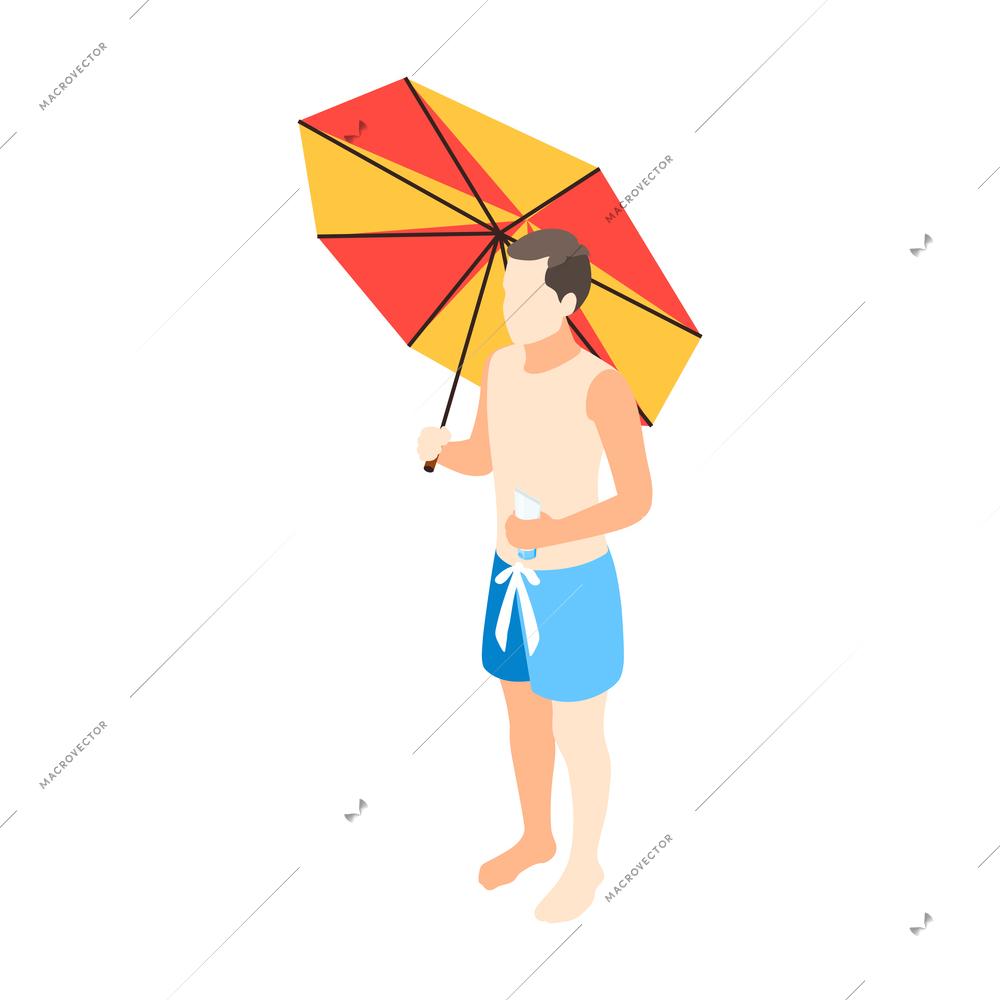 Sun protection isometric icon with character holding umbrella and sunscreen vector illustration