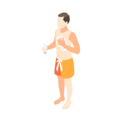 Isometric character in swimming trunks applying suncream on body 3d vector illustration