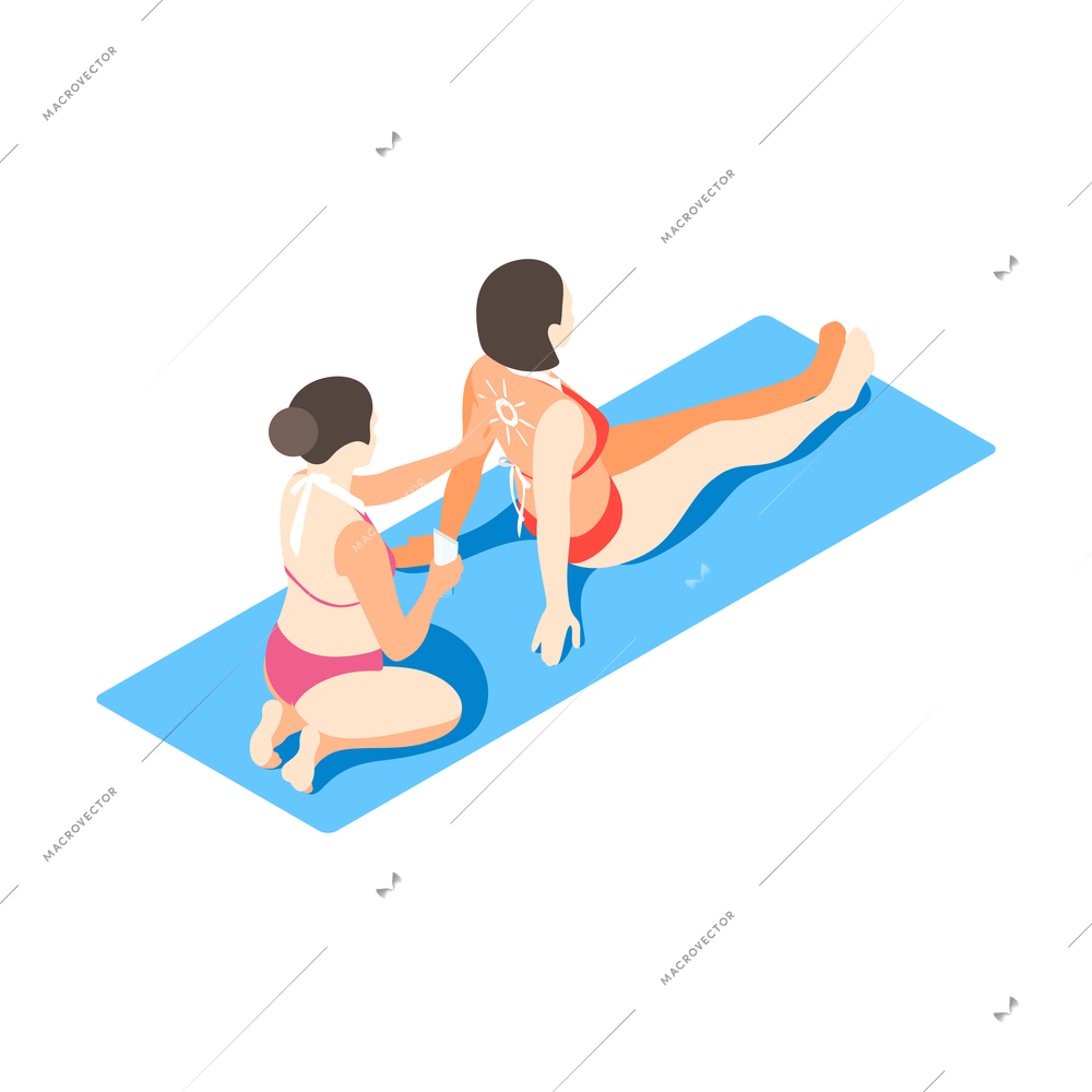 Women in swimsuits applying suncream on beach 3d isometric vector illustration