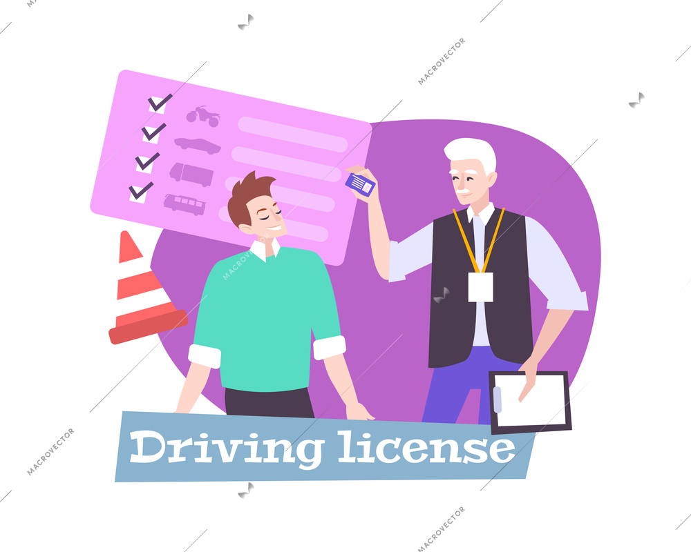 Happy man getting driving license at school flat vector illustration