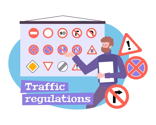 Driving school composition with flat teacher regulations and road signs vector illustration