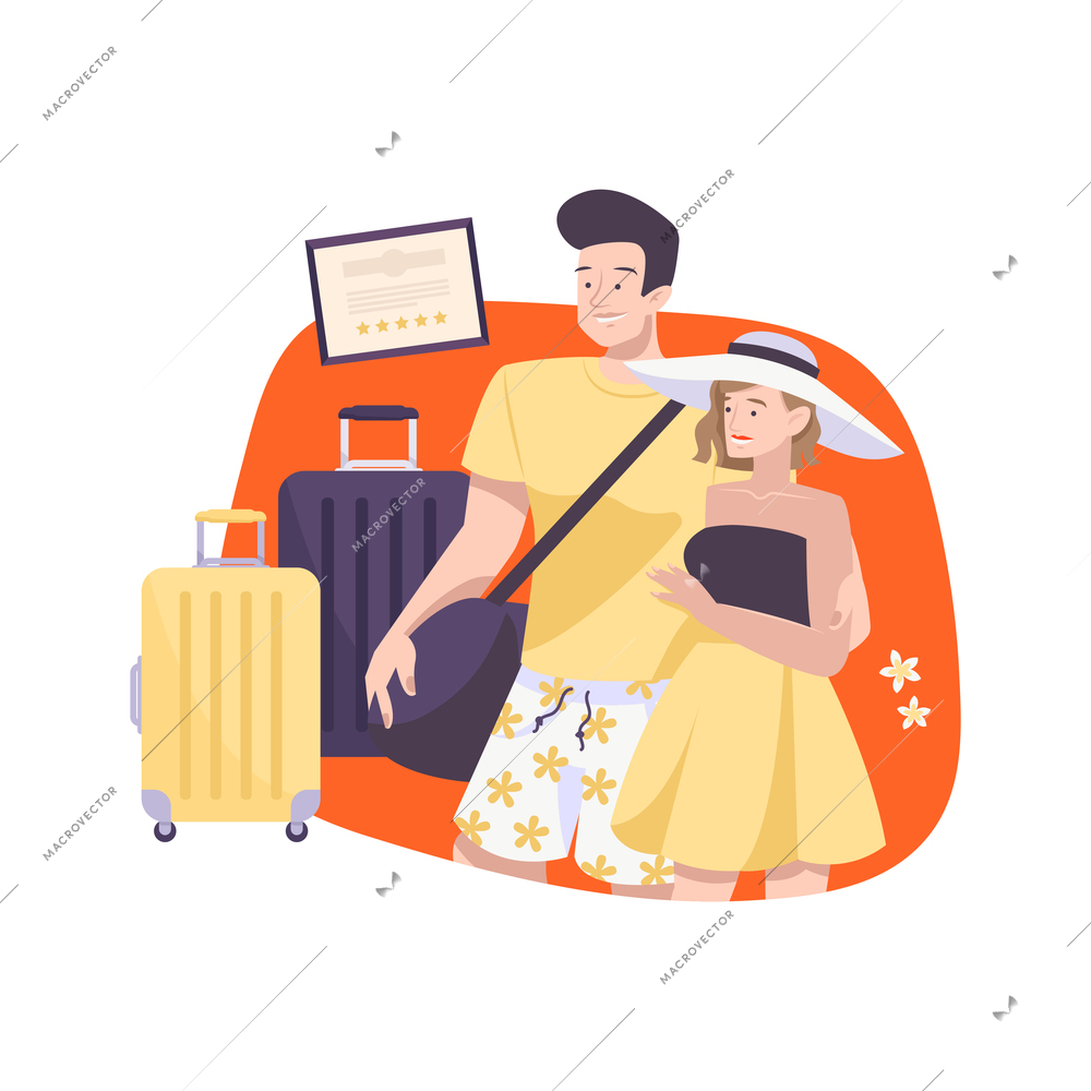Flat composition with two tourists and their suitcases vector illustration