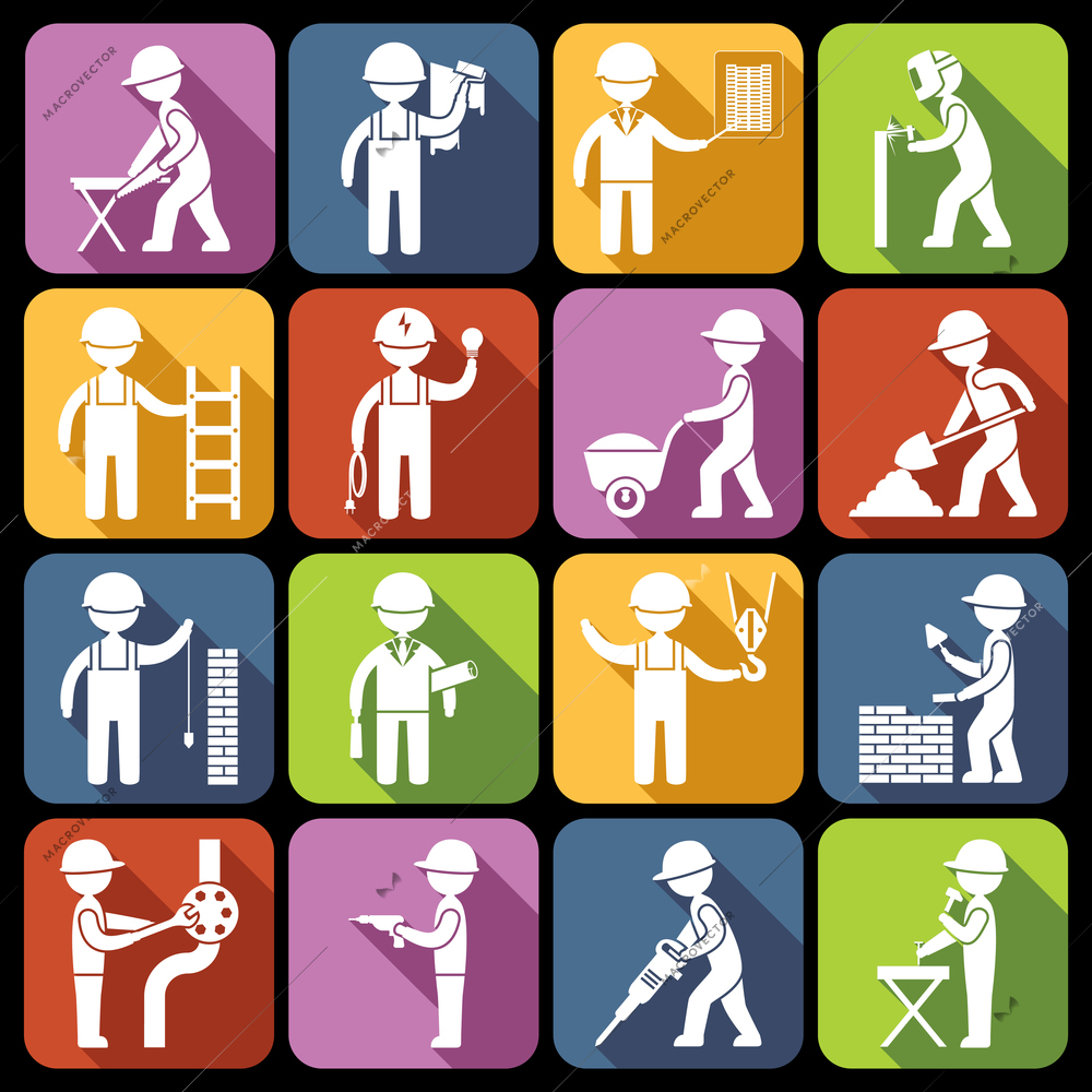 Construction worker repairman mechanic silhouettes icons white set isolated vector illustration