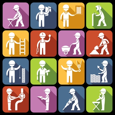 Construction worker repairman mechanic silhouettes icons white set isolated vector illustration