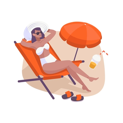 Woman relaxing on beach lounge with umbrella and cocktail flat composition vector illustration