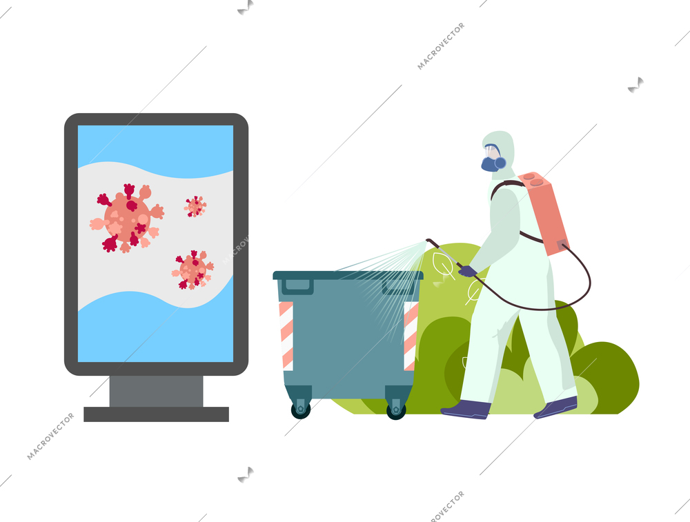 Sanitation employee in protective costume cleaning streets flat vector illustration