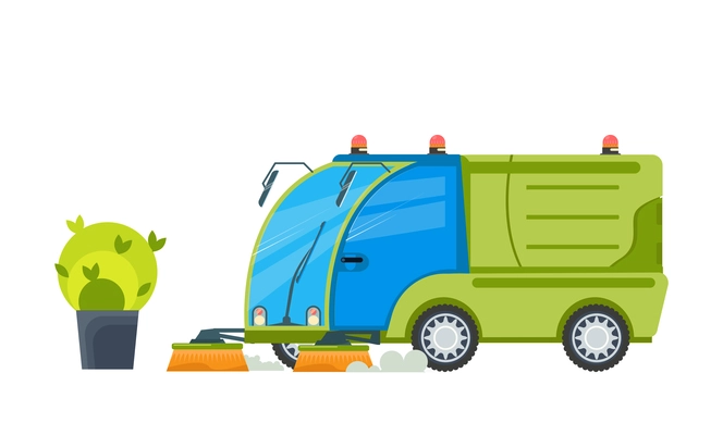 Flat icon of vehicle cleaning streets with brushes on white background vector illustration