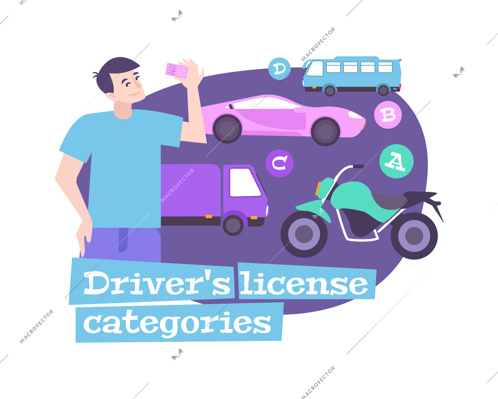 Driving school flat composition with vehicles and driver holding license vector illustration