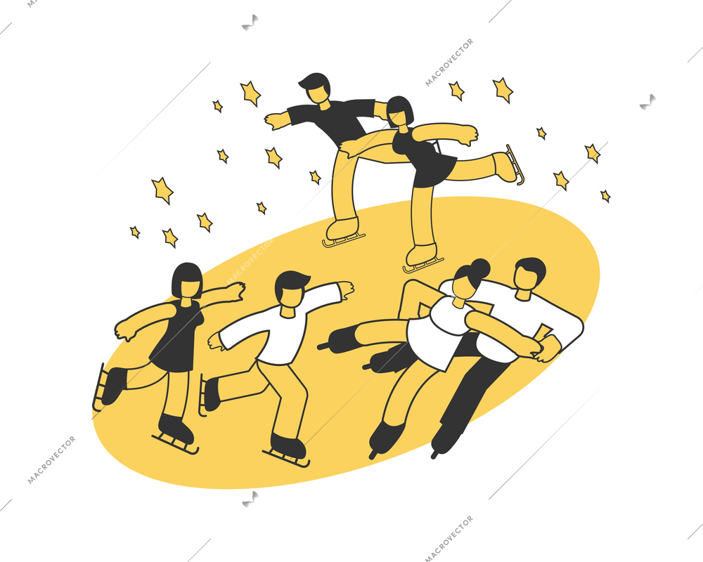 Three pairs participating in ice skating competition isometric composition vector illustration