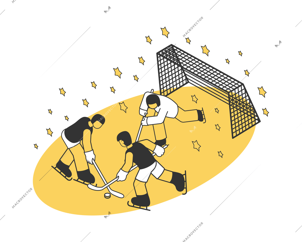 Isometric composition of stadium with three people playing hockey 3d vector illustration