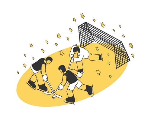 Isometric composition of stadium with three people playing hockey 3d vector illustration