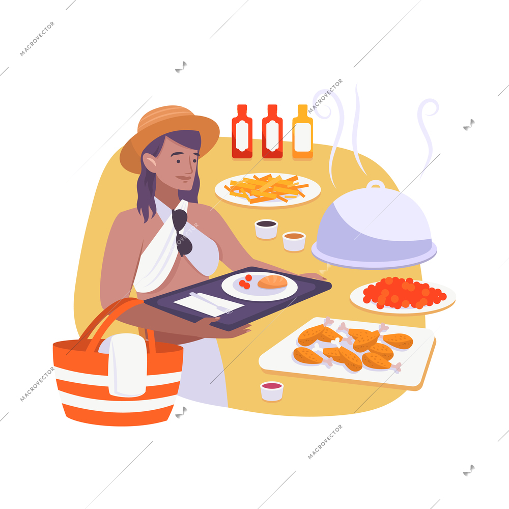 Flat composition with hotel guest holding tray with dinner vector illustration