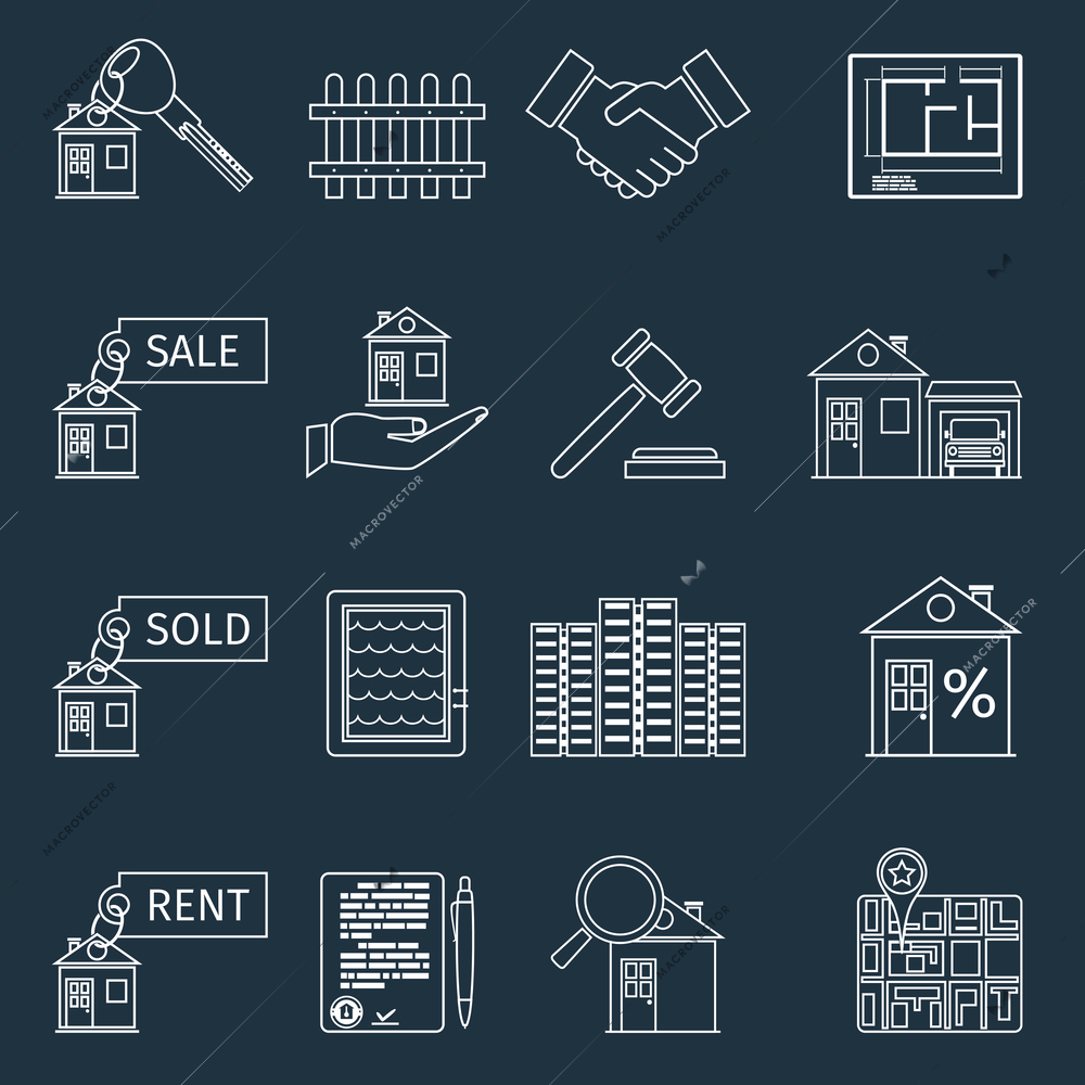 Real estate outline icons set of house apartment and commercial property isolated vector illustration